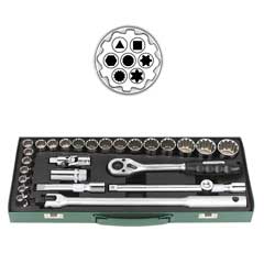 Stecknusskassette 1/2" 28-teilig,8-32mm 12-Kant,CrV,Kantenschutznüsse,Metallbox