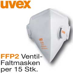 Partikel-Faltmasken UVEX FFP2, 15 Stück mit Ventil, Modell 3210