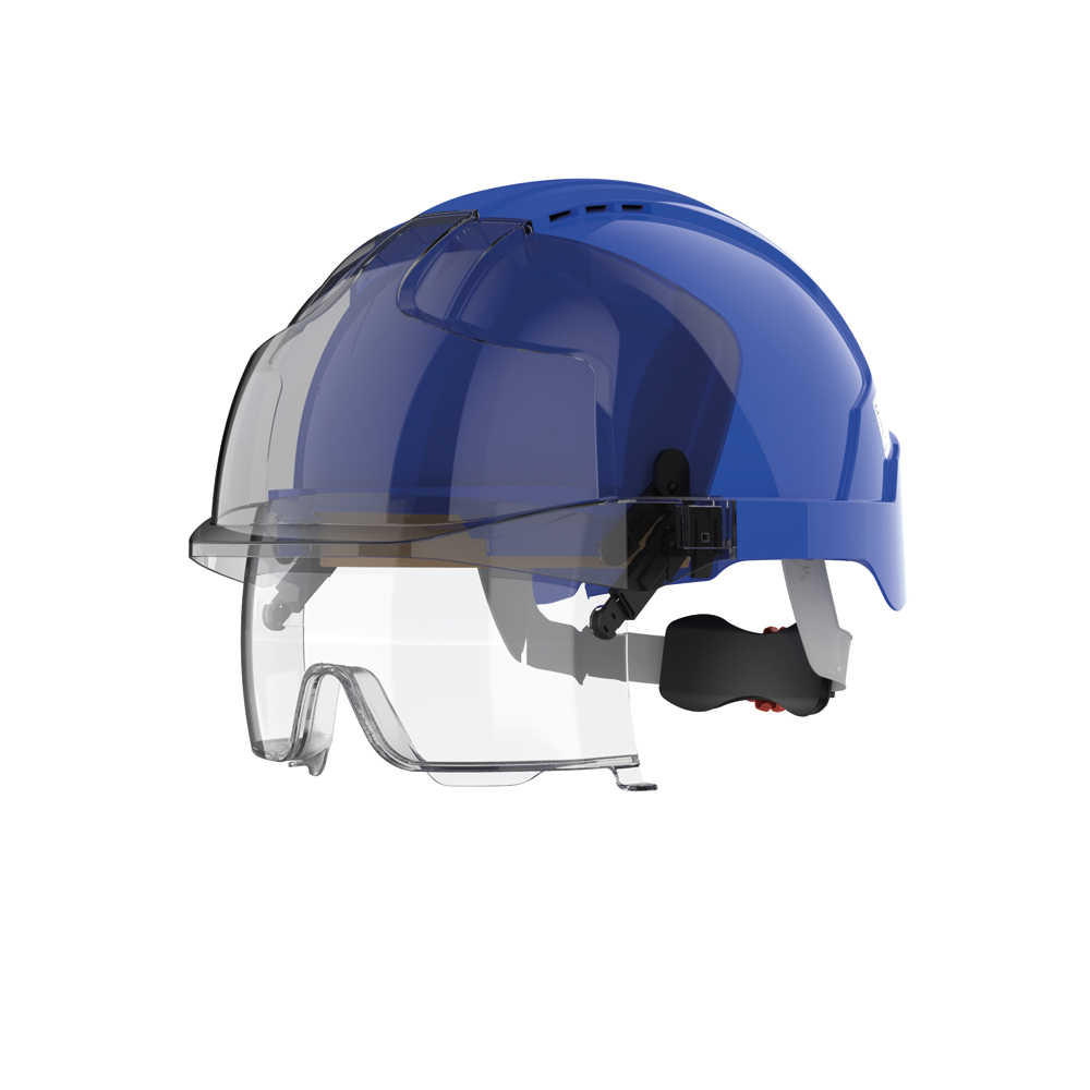 Schutzhelm EVO VISTALENS blau, belüftet mit einklappbarem Augenschutzvisier,klar