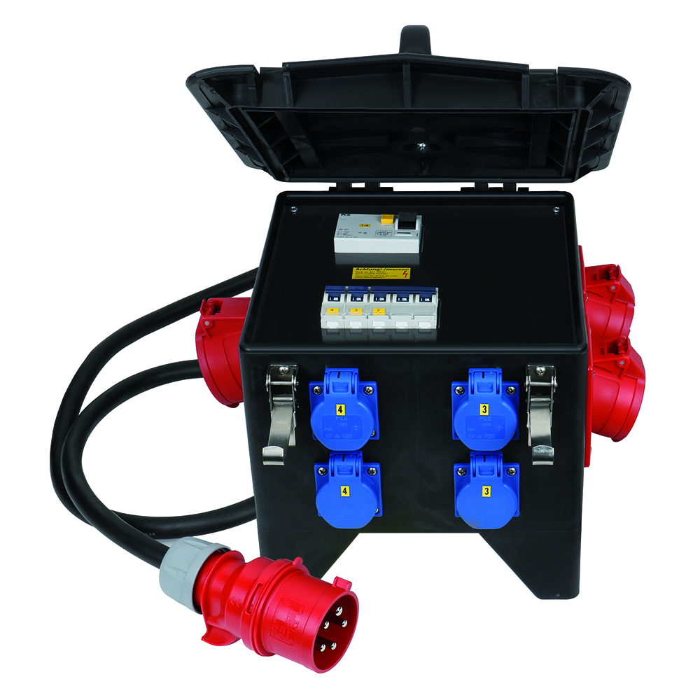 Stromvert.Gu.4x230V,2xCEE 400V/16A+1x32A 1,5m,5x6,0+CEE 400V/16A+P+Abs+Fi,Standm.