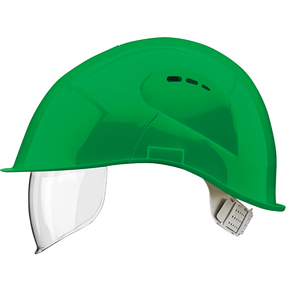 Visier-Schutzhelm PE, grün, m. Indikator EN 397, 6-Punkt-Gurt, Drehverschluss
