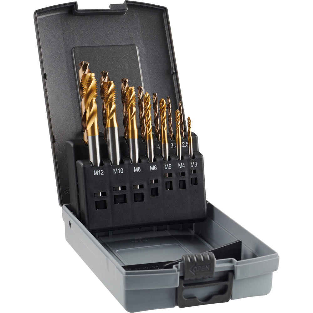 TIN-Maschinengewindebohrersatz M3-M12 Sackloch,mit 7 Kernlochbohrern