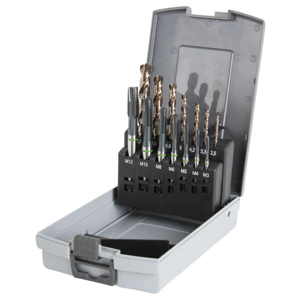 Maschinengewindebohrersatz M3-M12 GRÜN- RING,HSS-CO5,Durchgangsloch,Kernbohrer