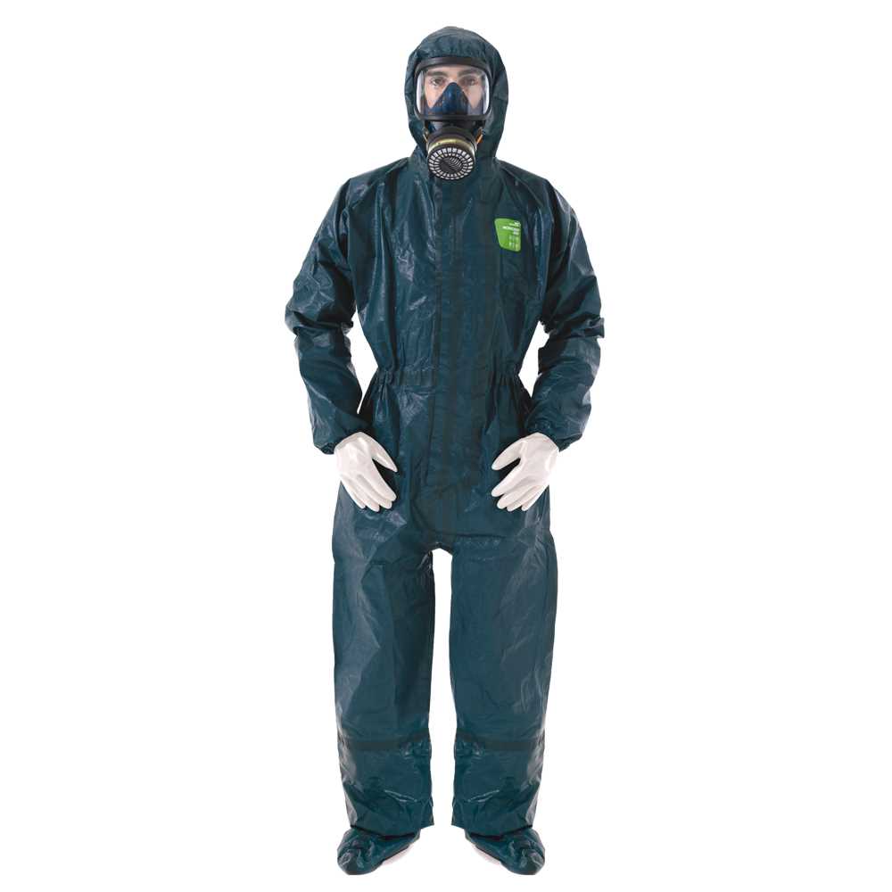 Chemieschutz-Overall Gr. L Füßlinge und Barrierehandschuh, Kapuze