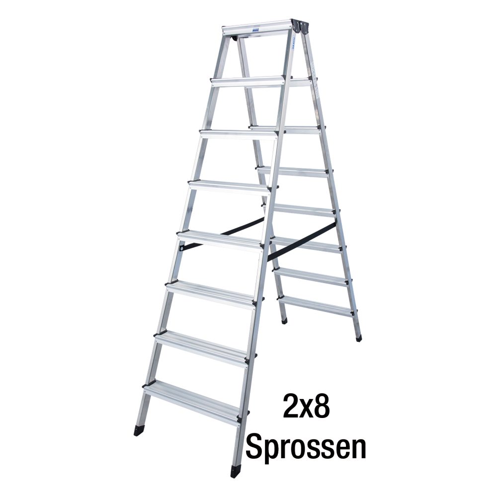 Alu-Doppelleiter 2x8 Stufen EN131-3 Rutschhemm-Fußkappen,reißfestes Gurtband