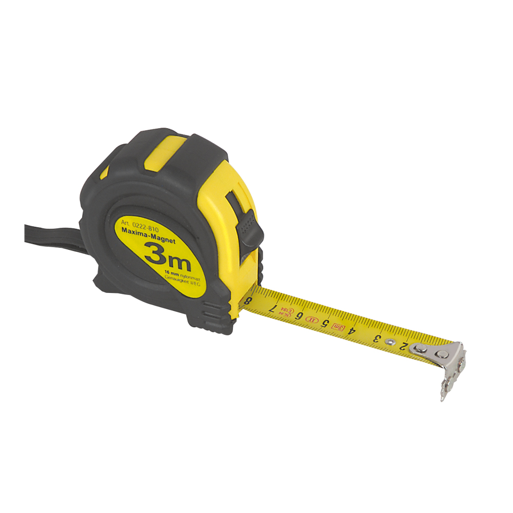 Rollbandmaß 3m,16mm,MAGNET RUBBER,gelb Endhaken magnetisch,blendfrei,schlagfest