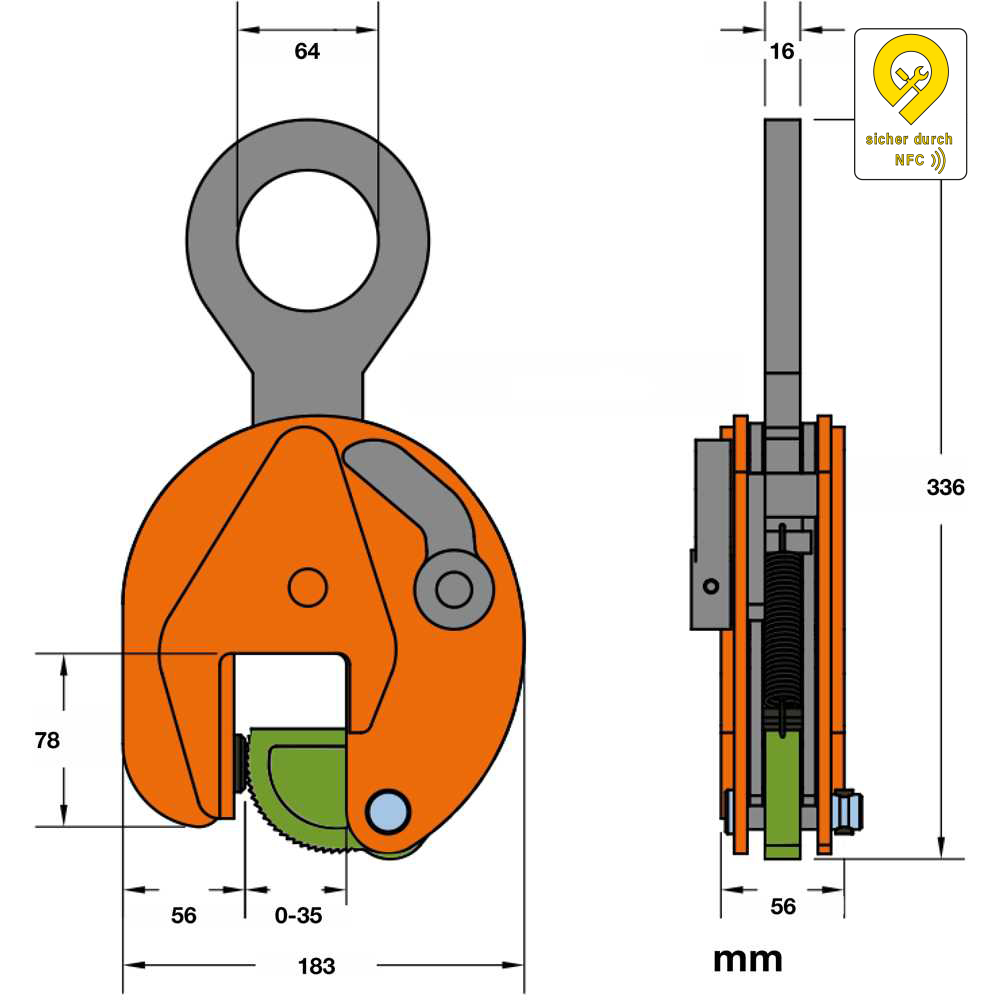 Hebeklemme 3t - vertikal/extra hart Greifbereich 0-35mm