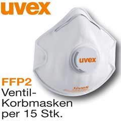 Partikel-Korbmasken UVEX FFP2, 15 Stück mit Ventil, Modell 2210