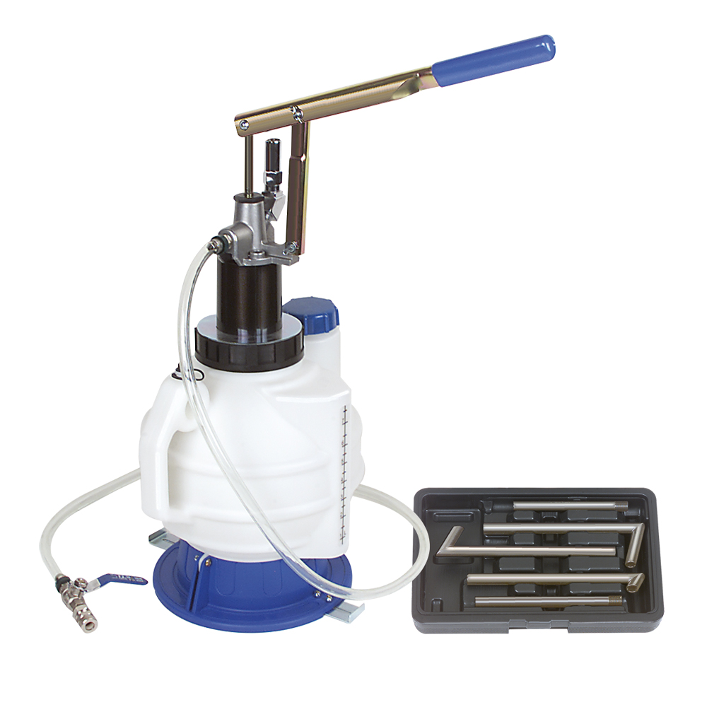 Öl-Einfüllgerät 7,5l mit 1,5m Schlauch Absperrhahn,5tlg.Adapterszatz,bis SAE140