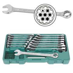 Gabel-Ringschlüssel-Set 14-teilig,6-19mm und Zoll+TX+XZN+Ribe,15°abgewinkelt