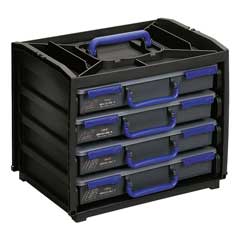 Kleinteilbox 376x265x310mm,voll,mit 4 Sortiment-Boxen,tragbar