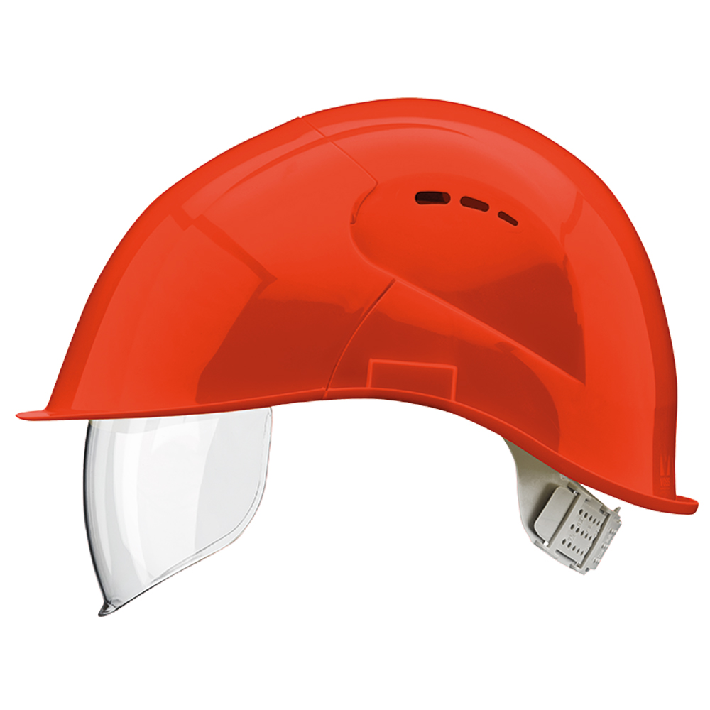 Visier-Schutzhelm PE, rot, EN 397 6-Pkt.Gurtband, Visier EN 166