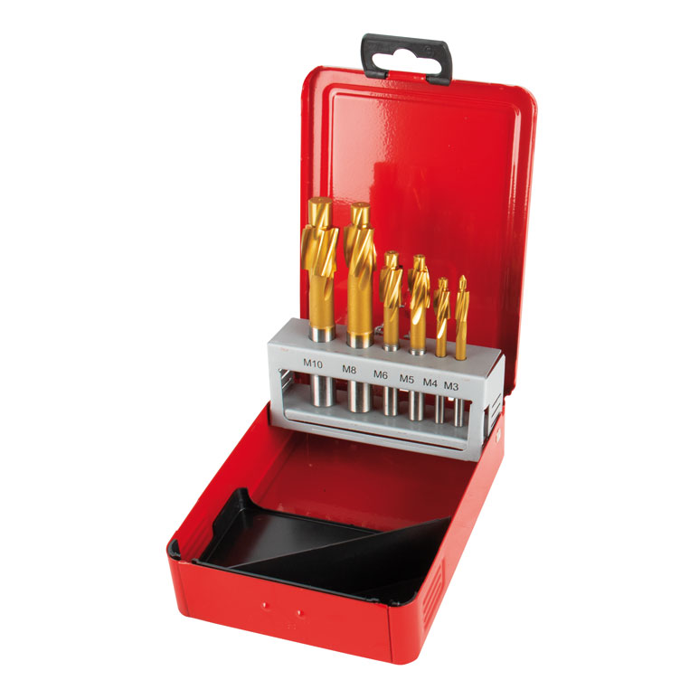 TIN-Flachsenker-Satz M3-10 mittel,6-tlg. für Durchgangsloch,in Kassette