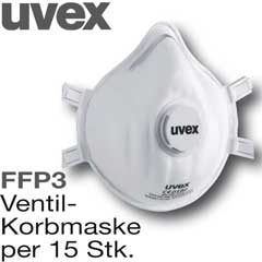 Partikel-Korbmasken UVEX FFP3, 15 Stück mit Ventil, Modell 2310