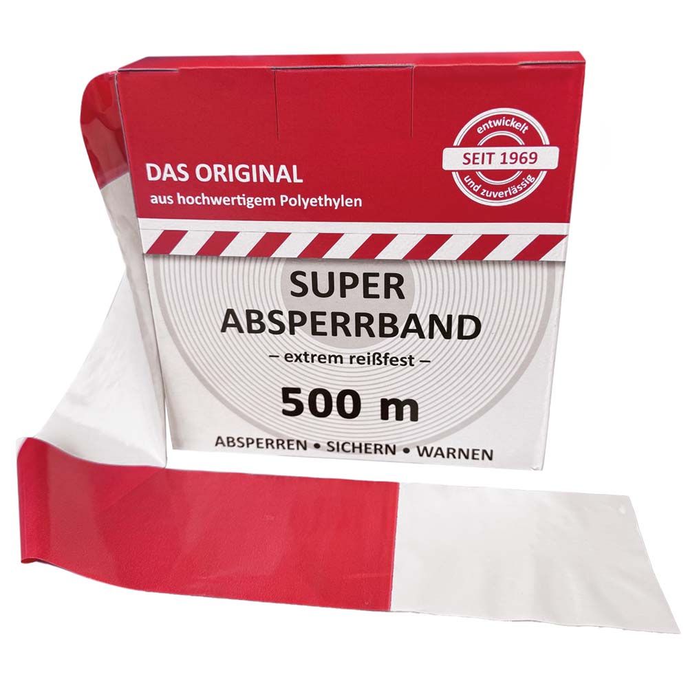 Warn-Absperrband rot/weiß, mit Spender 500x80mm, schräg schraffiert