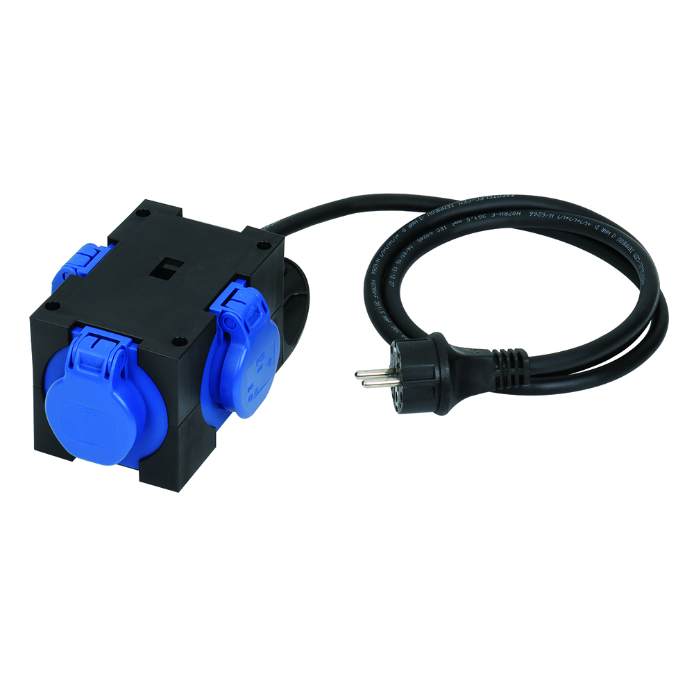Stromvert.Gum.mobil,3x230V/16A SchKoIP44 Klappd.Kab.1,5m,3x1,5,+SchKoStecker+Aufh