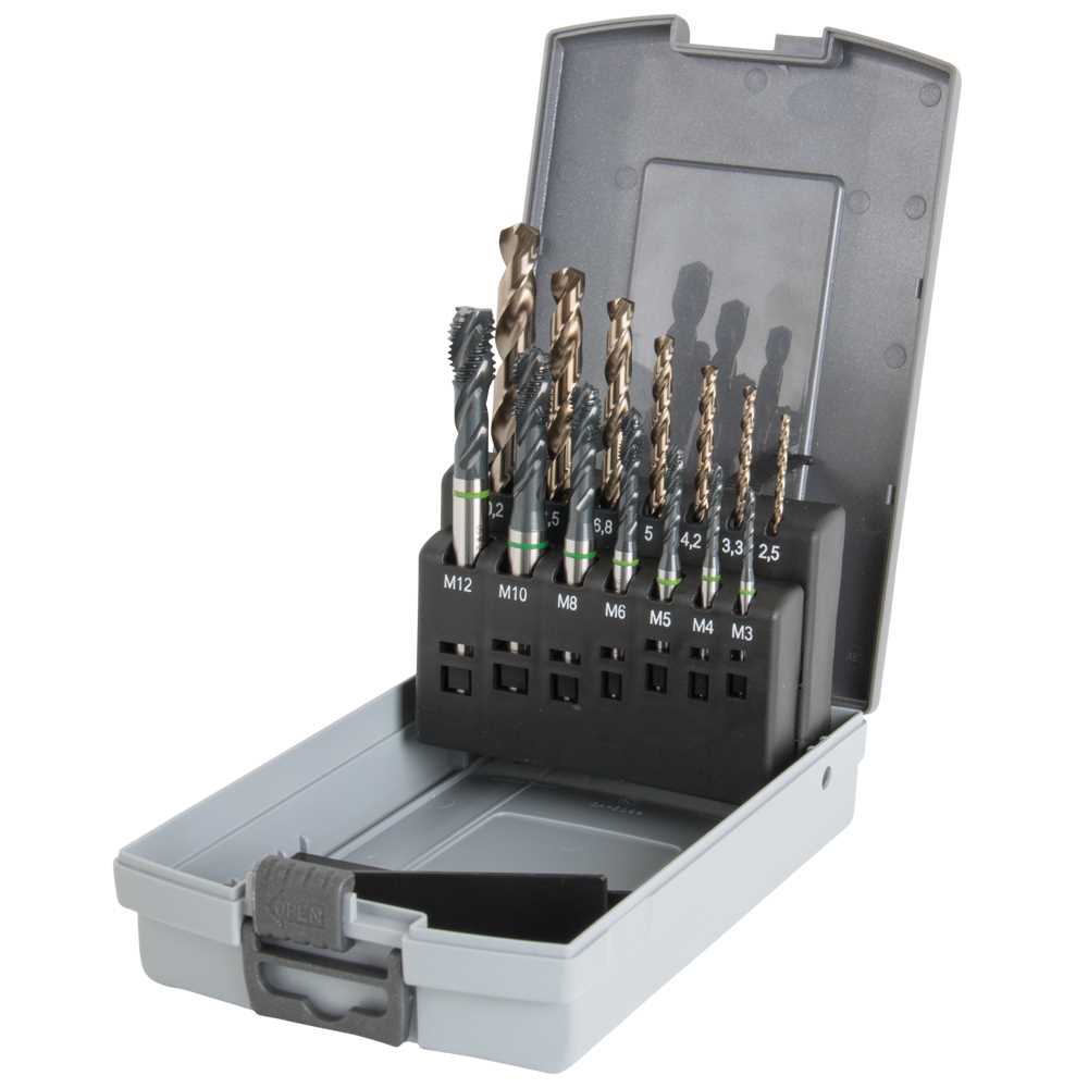 Maschinengewindebohrersatz M3-M12 GRÜN- RING,HSS-CO5,Grundloch,Kernbohrer