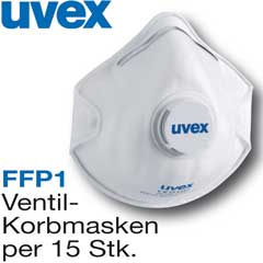 Partikel-Korbmaske UVEX FFP1, 15 Stück mit Ventil, Modell 2110