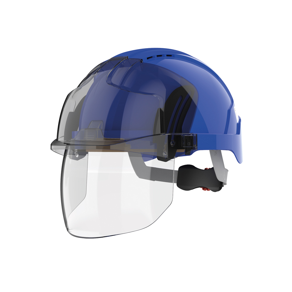 Schutzhelm EVO VISTASHIELD blau,belüftet mit einklappbarem Gesichtsvisier, klar