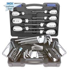Allschraub-Set INOX 70-teilig 6-kant+TX+ Schlitz+PH+PZ Schraub+Bits+Halter