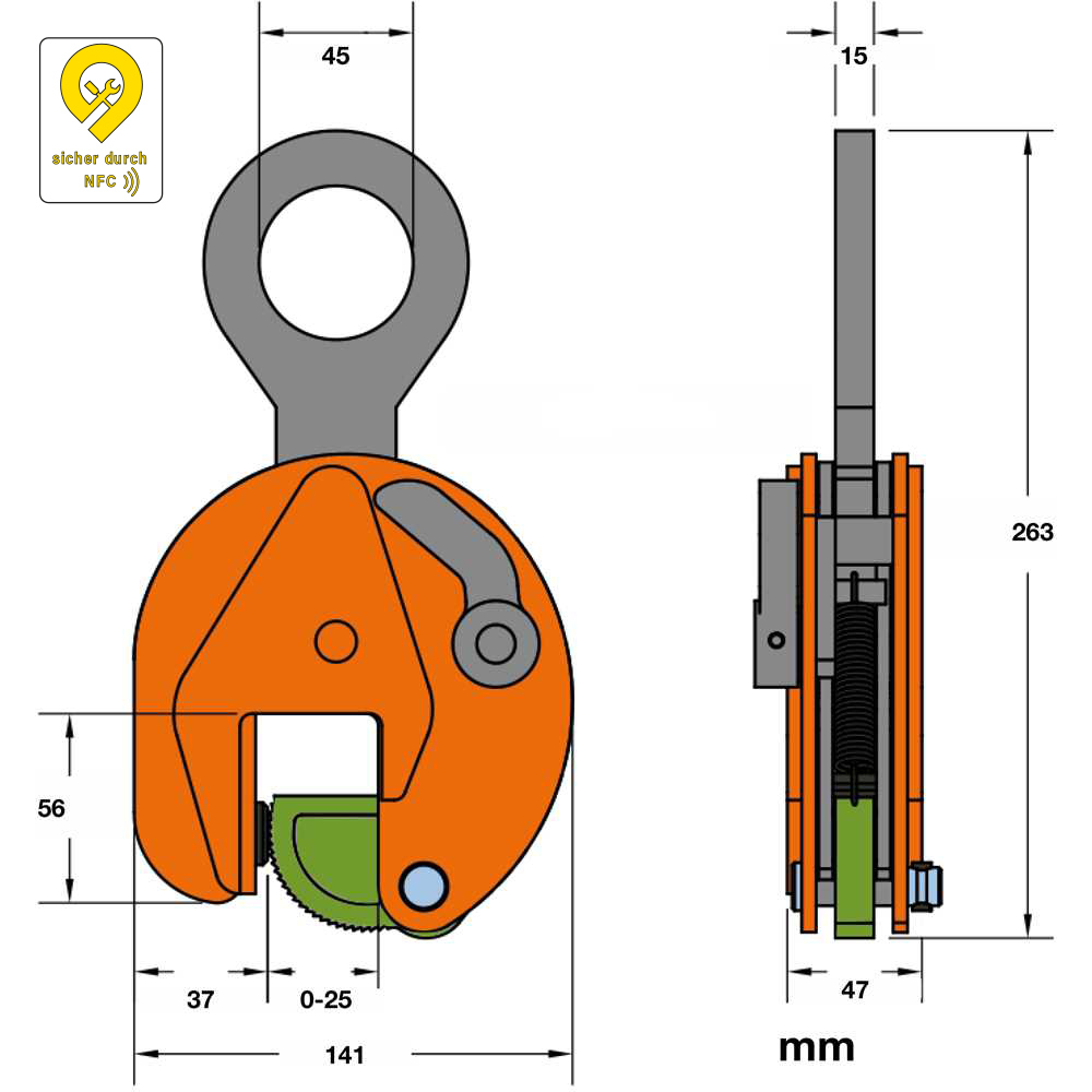 Hebeklemme 1t - vertikal/extra hart Greifbereich 0-25mm