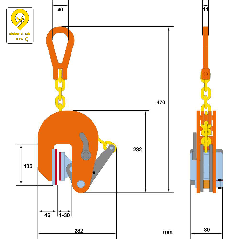 Schongreifer 1t - vertikal Greifbereich 1-30mm
