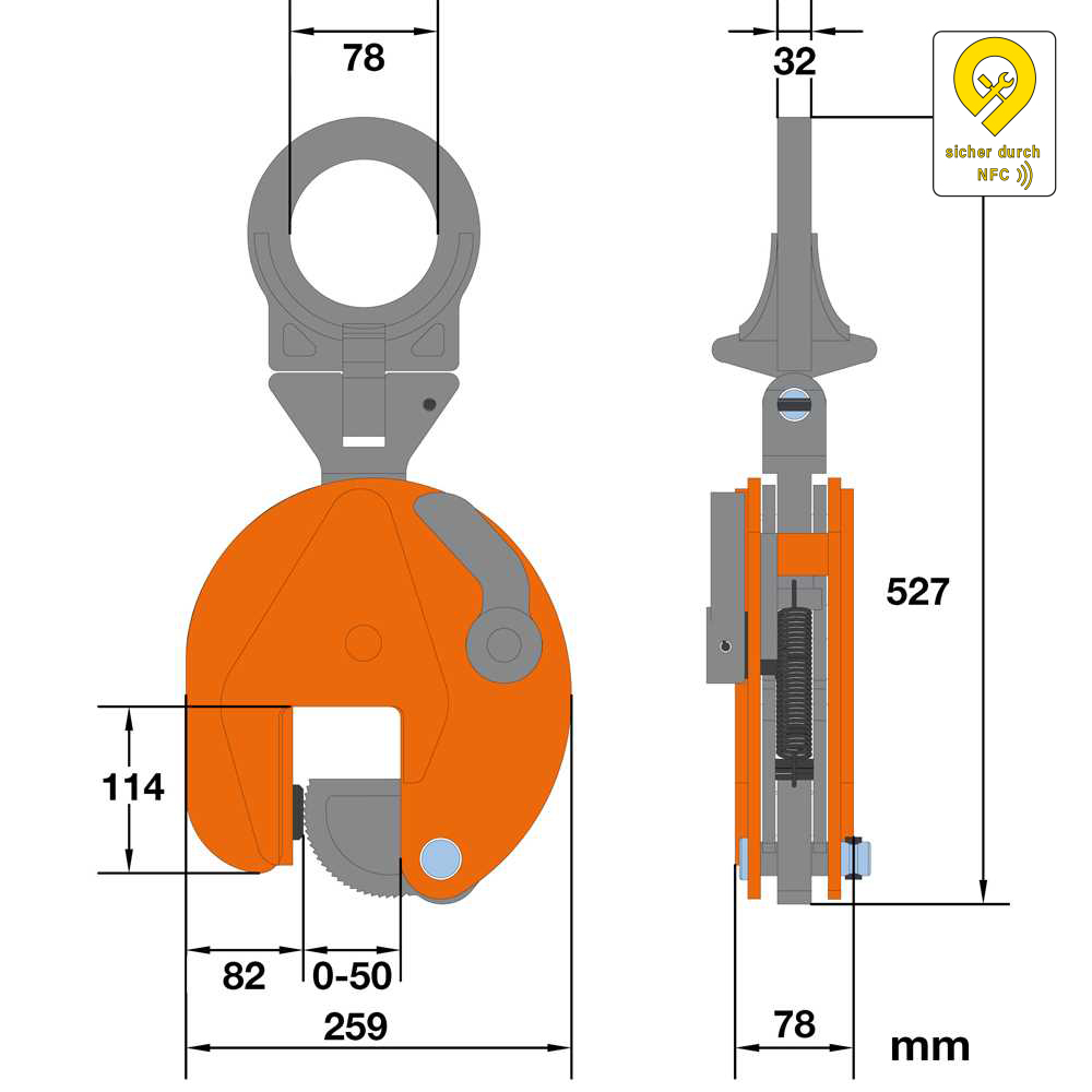 Hebeklemme 6t - vertikal/vario Greifbereich 0-50mm