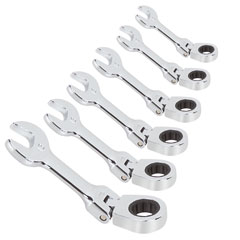 Gabel-Ring-Ratsch-Gelenkschlüssel-Satz 6-tlg.8-19,CrV,extrakurz,180°kippbar,72Z