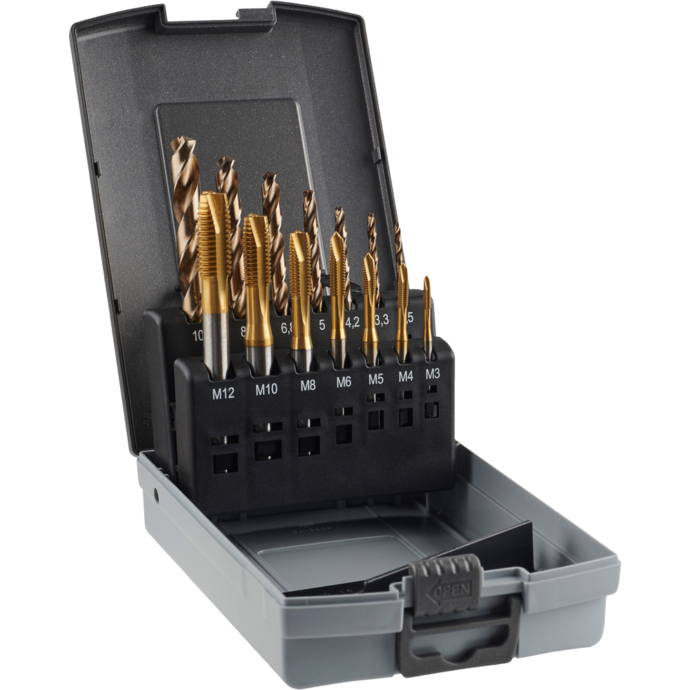 TIN-Maschinengewindebohrersatz M3-12 HSS-E,Durchgangsloch,14-teilig