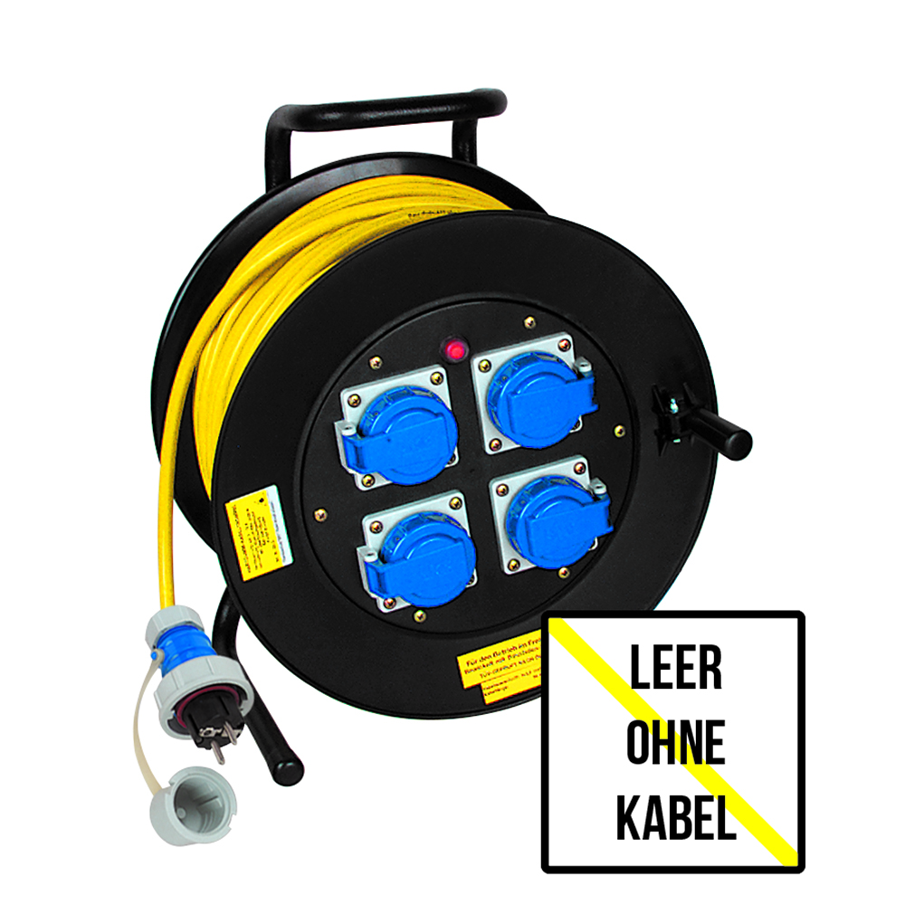 Kabeltrommel,leer,druckwasserdicht IP68 2x230V/16A,Thermschutz und Bremse