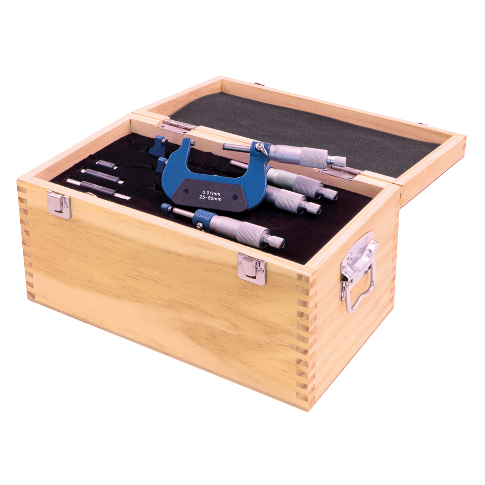 Bügelmessschraubenset 0-75 mm DIN 863 eckiger Bügel, Holzkiste