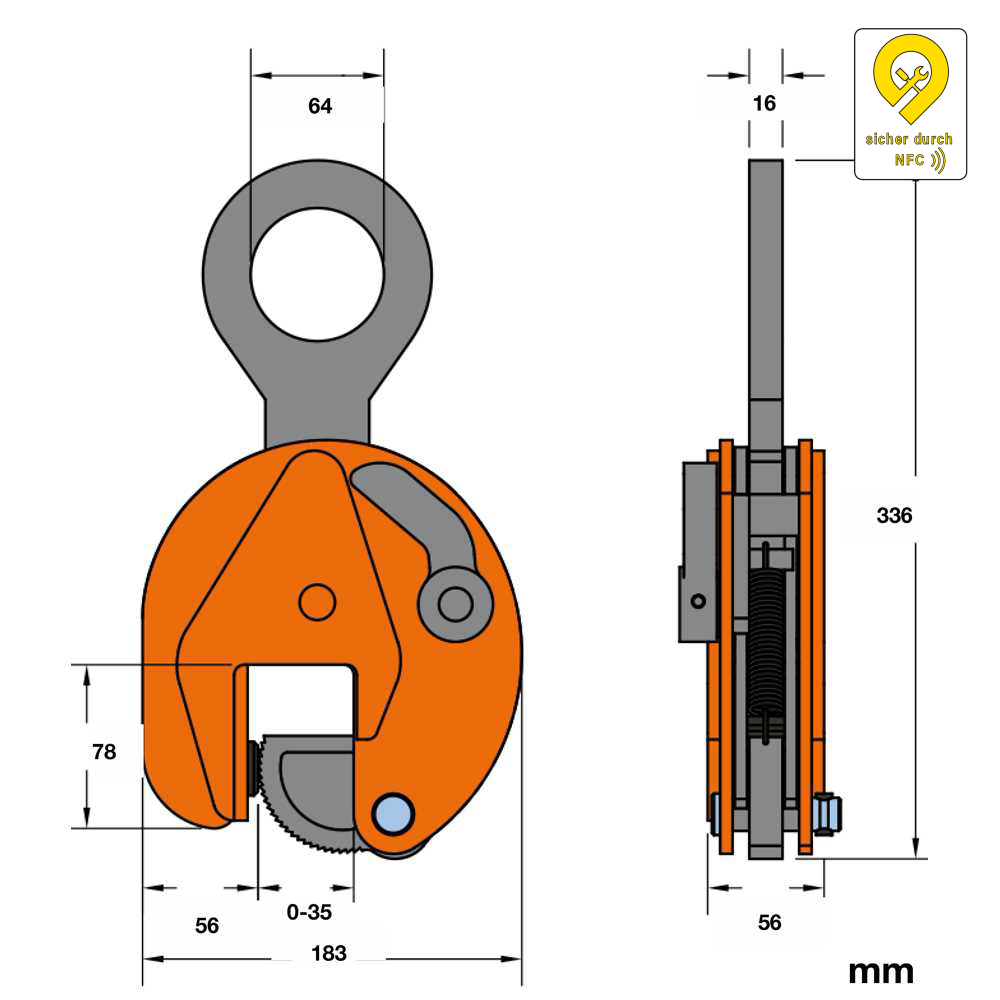Hebeklemme 1t - vertikal Greifbereich 0-25mm