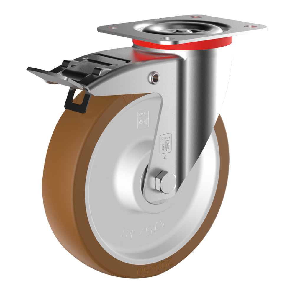 Brems-Lenkrolle Polyurethan Ø 200x48mm Tragkraft=400kg, Polyamid-Felge