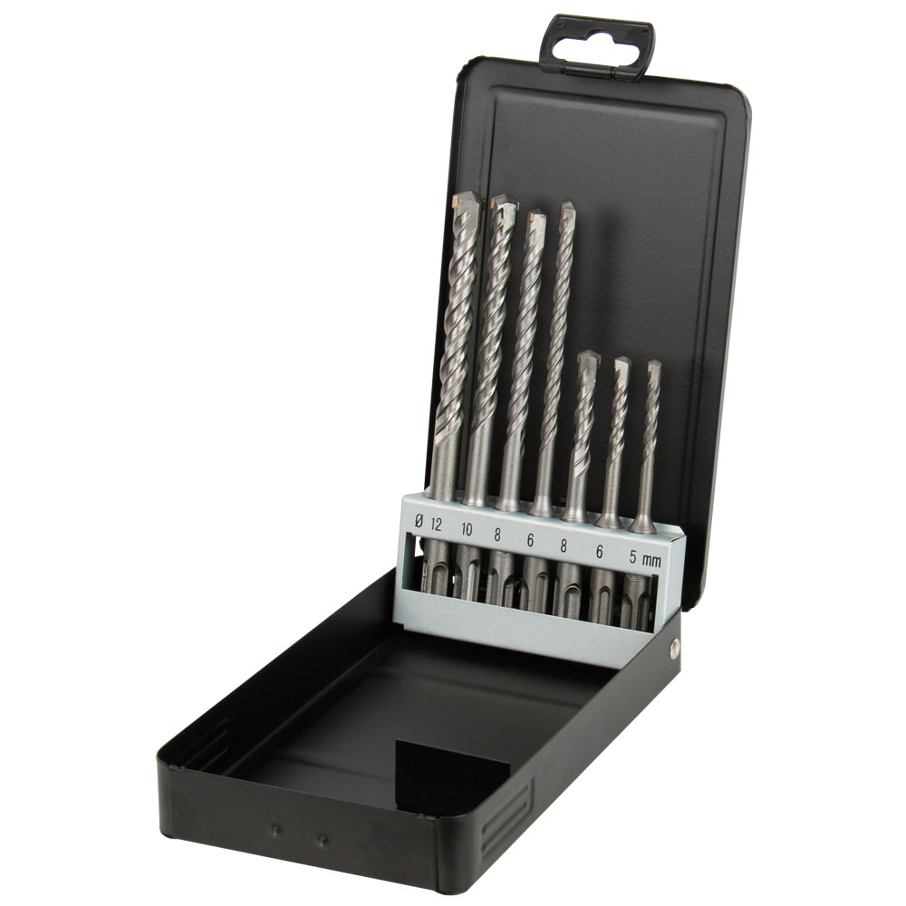 SDS-Plus-Bohrer-Kassette 7-tlg 5-6-8x110 und 6-8-10-12x160mm Stahlblechkassette