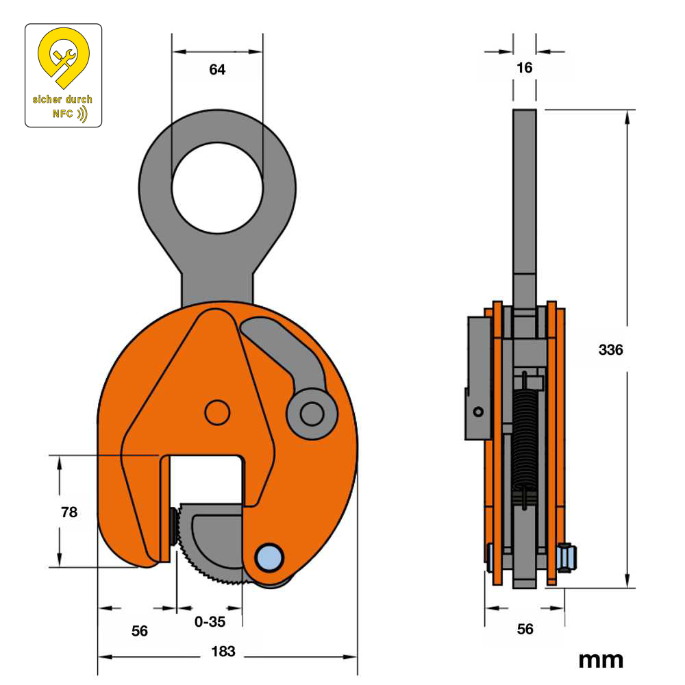 Hebeklemme 3t - vertikal Greifbereich 0-35mm