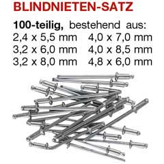 Flako.-Blindnieten-Set Alu/St.vz.100-tlg 2,4x5,5/3,2x6/3,2x8/4x7/4x8,5/4,8x6
