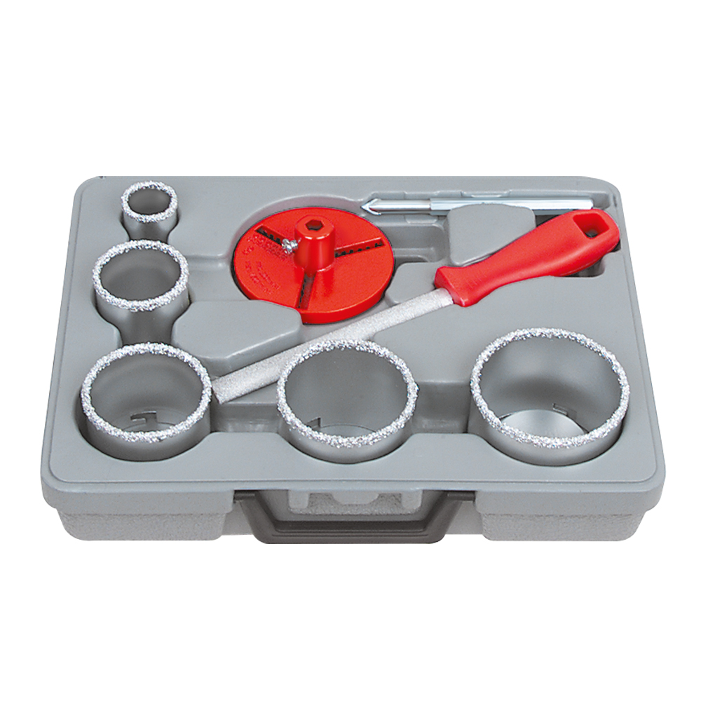 Lochsägen-Satz HM-bestreut 8-teilig 33-83mm DM,in Box,mit Halter und Bohrer