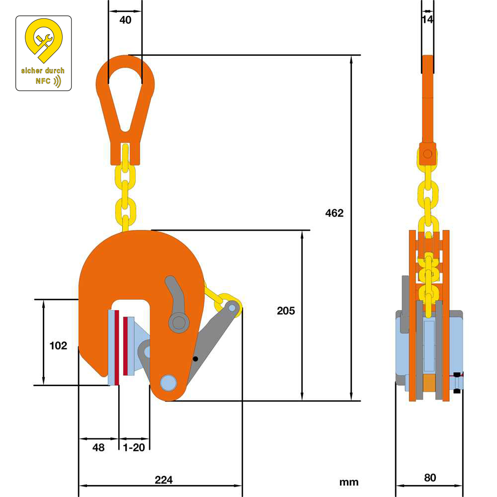 Schongreifer 0,5t - vertikal Greifbereich 1-20mm