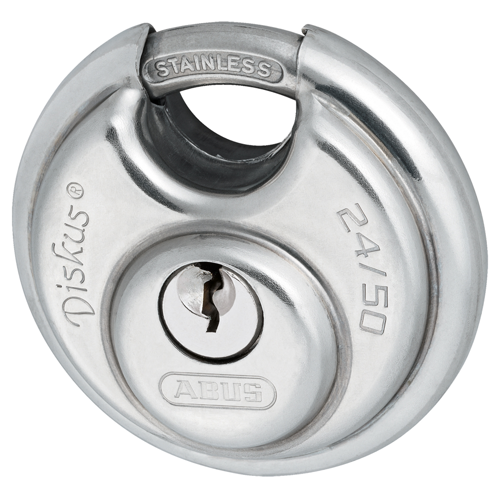 Diskus-Vorhangschloss 50mm komplett aus Edelstahl, 2 Schlüssel