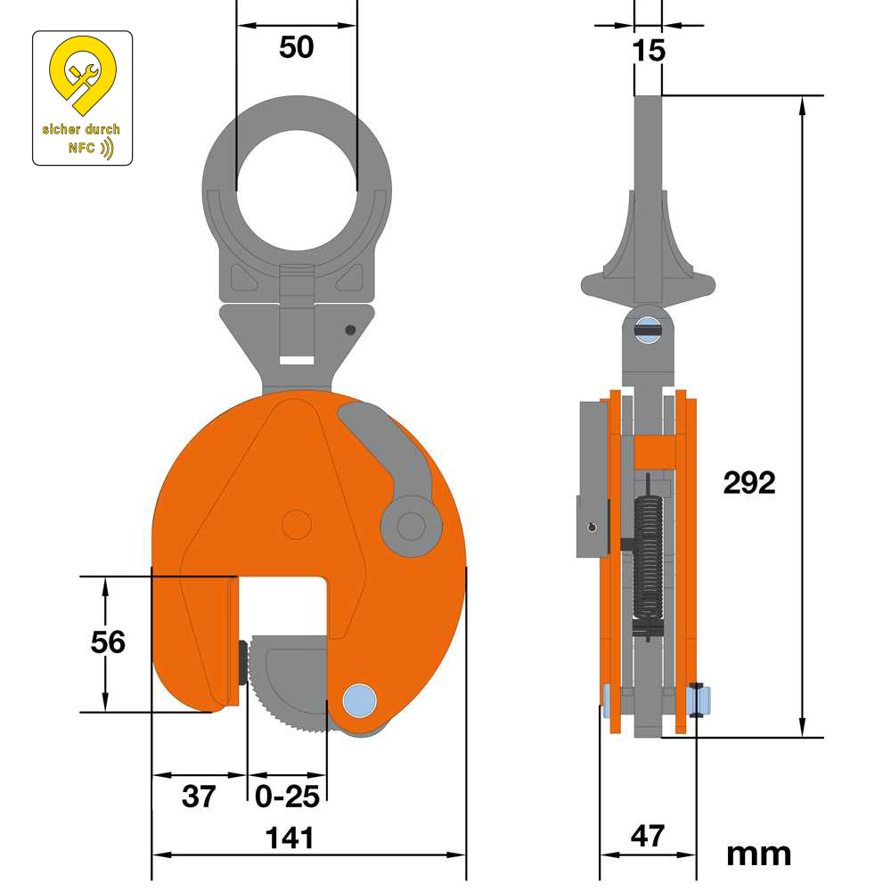 Hebeklemme 1t - vertikal/vario Greifbereich 0-25mm