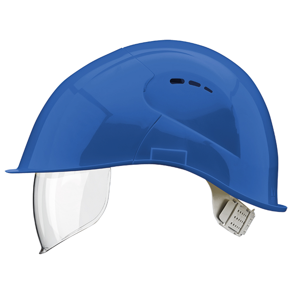 Visier-Schutzhelm PE, blau, EN 397 6-Pkt.Gurtband, Visier EN 166